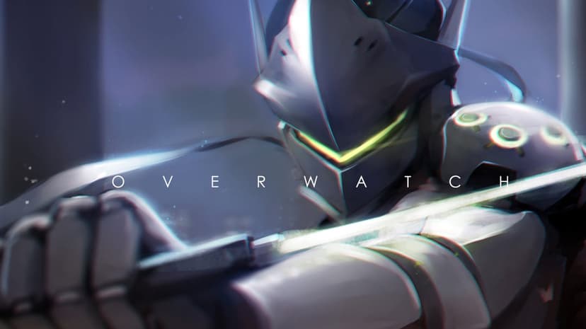 Genji from Overwatch in silver armor with glowing green lights unsheathing a blade against a blurred blue backdrop.