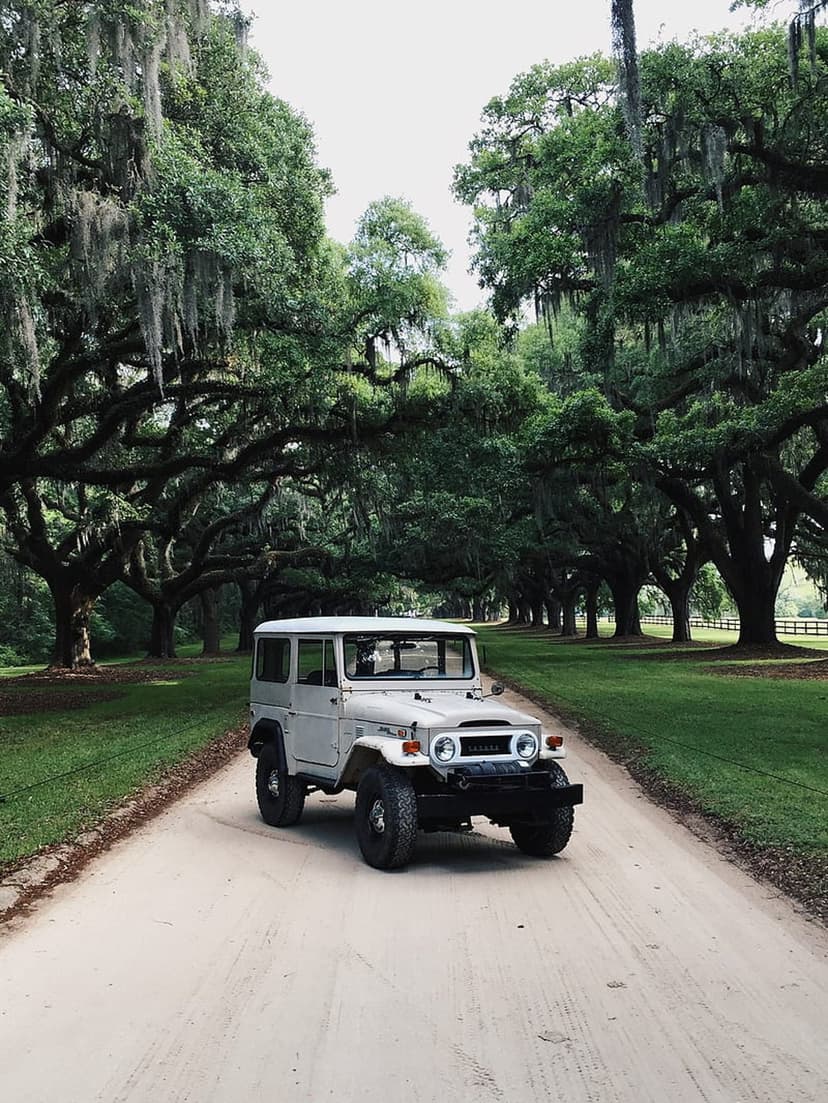 White Toyota Land Cruiser drives on a dirt road between ancient oak trees with hanging Spanish moss.
