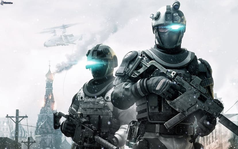 Futuristic soldiers with glowing blue visors stand in a snowy warzone near a burning cathedral and aircraft.
