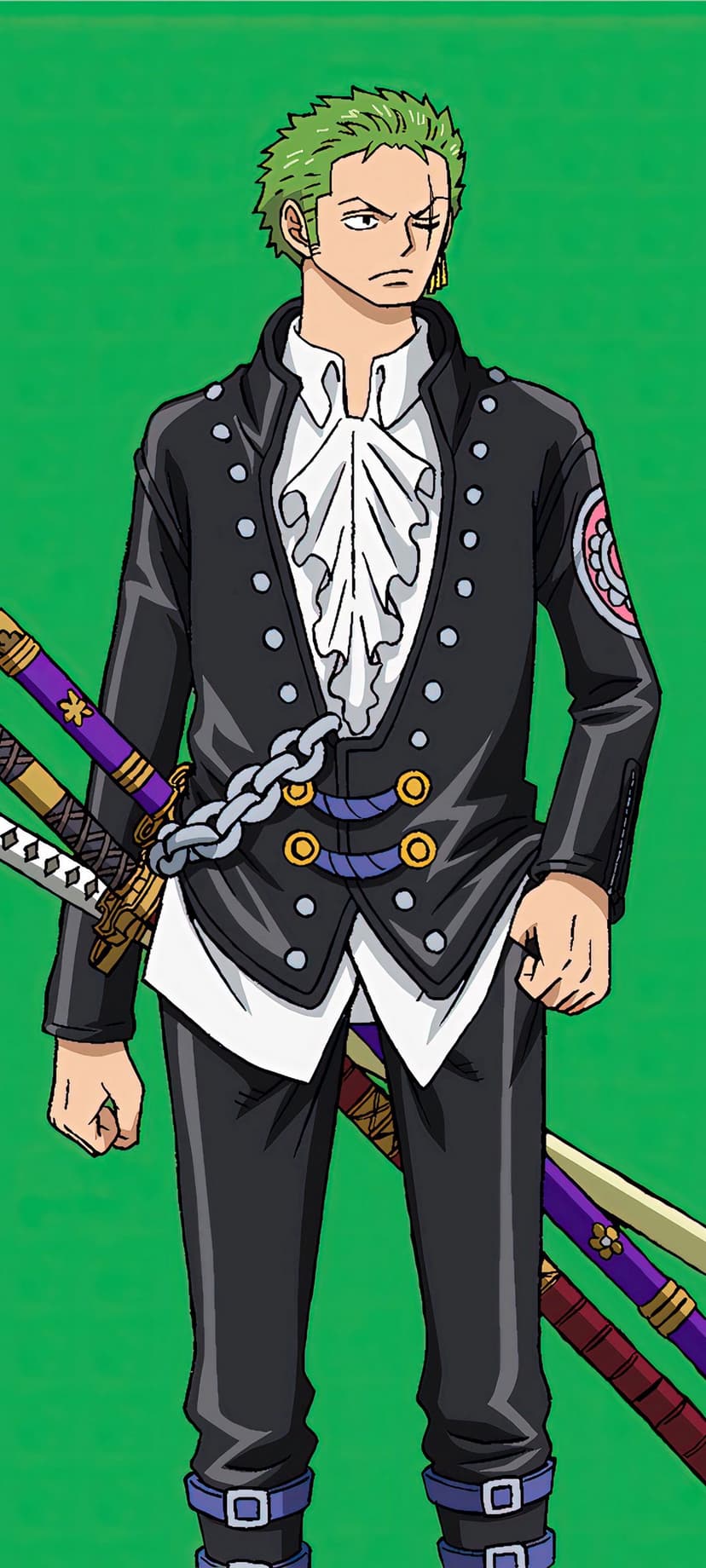 Roronoa Zoro wearing a black jacket and ruffled shirt while holding katanas with a stoic facial expression.