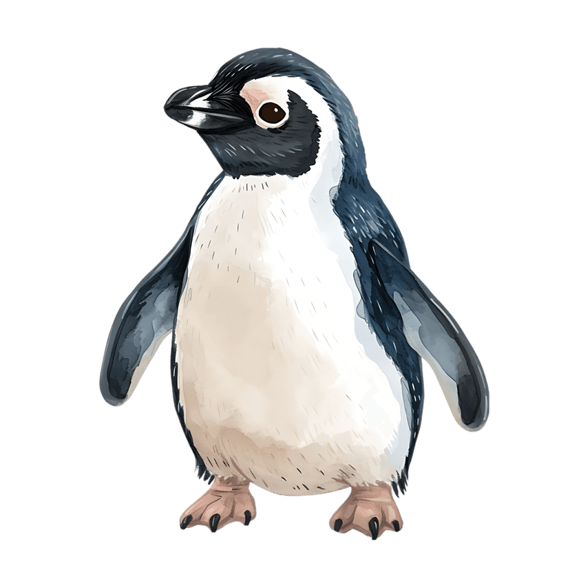 Penguin watercolor painting featuring detailed black and white feathers and a soft pink eye patch on dark backdrop.