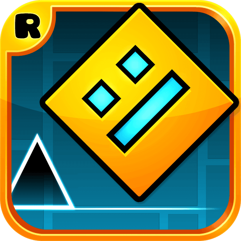 Geometry Dash cube pixel character featuring a yellow square body and minimalist black face on transparency.