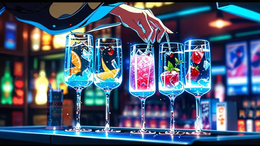Hand garnishing colorful cocktails on a glowing neon bar with blurred liquor bottles and purple light.