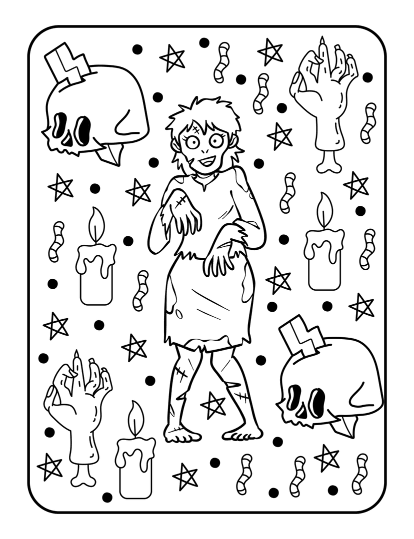 Halloween zombie coloring page featuring a friendly undead character with dripping candles, worms, and stars.