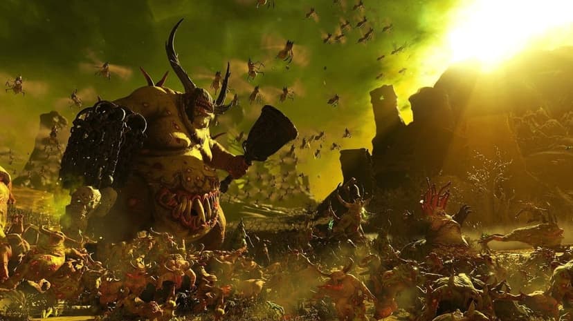 Bloated horned demon holding a bell leads an army of monsters under a sickly green sky with swarms of insects.