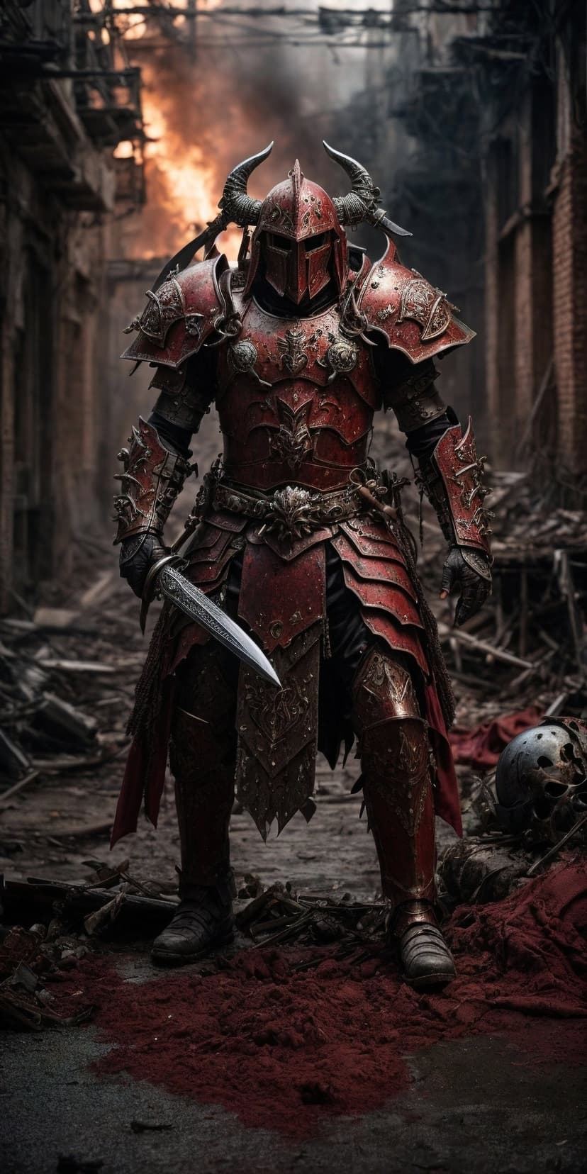 Horned warrior in red and black armor holds a dagger amidst smoking ruins and blazing fires of a destroyed city.