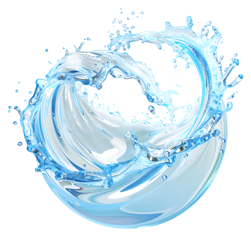 Dynamic blue water splash featuring glossy liquid droplets and curved fluid motion on a transparent background.