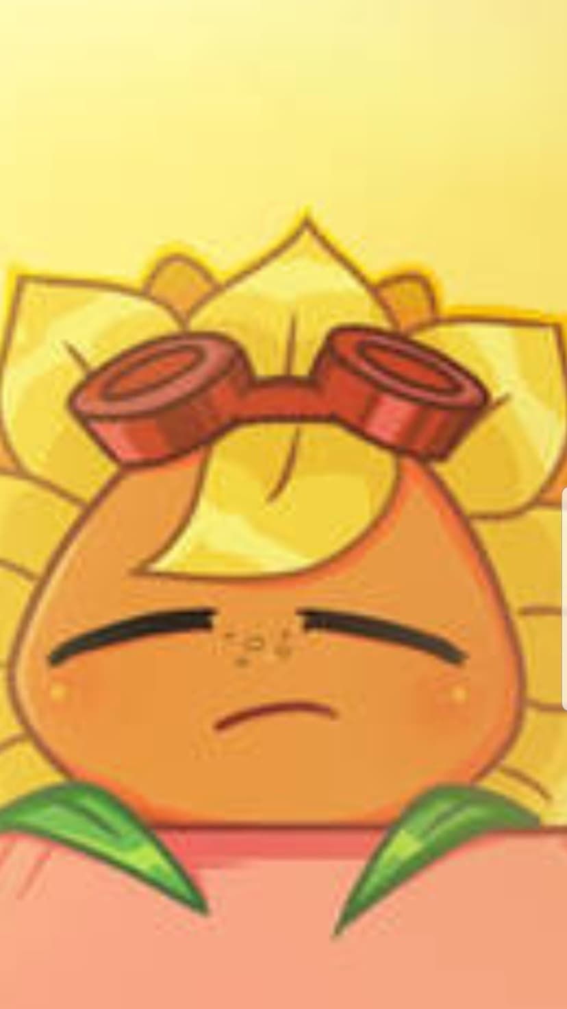 Sunflower character wearing goggles with closed eyes and a sad expression resting on a peachy surface.