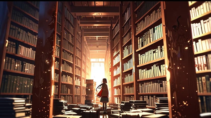 Young girl standing in a sun-drenched library aisle surrounded by tall bookshelves and floating dust motes.
