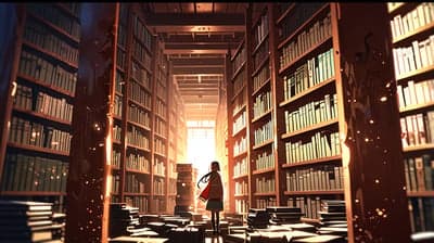 Anime girl in library bathed in warm sunlight
