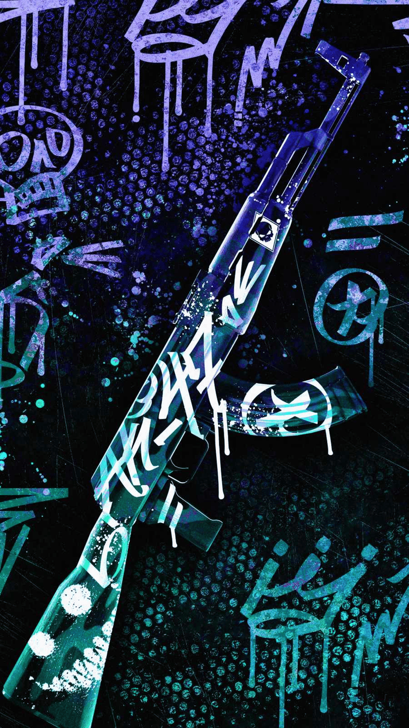 AK-47 rifle with glowing blue and purple neon graffiti splatters against a pitch-black vertical background.