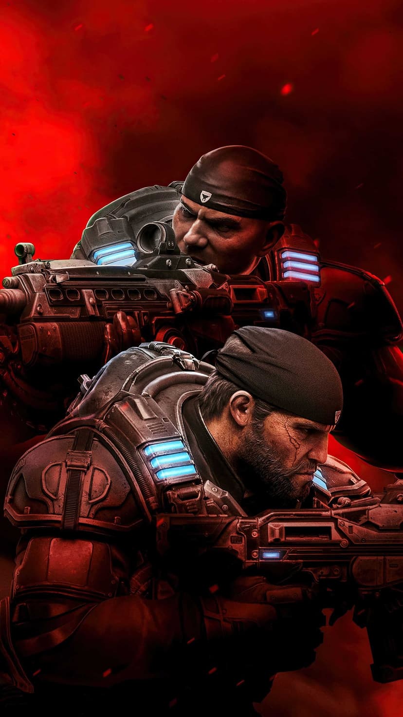Marcus Fenix and Dominic Santiago in heavy armor holding rifles against a backdrop of thick red smoke and embers.