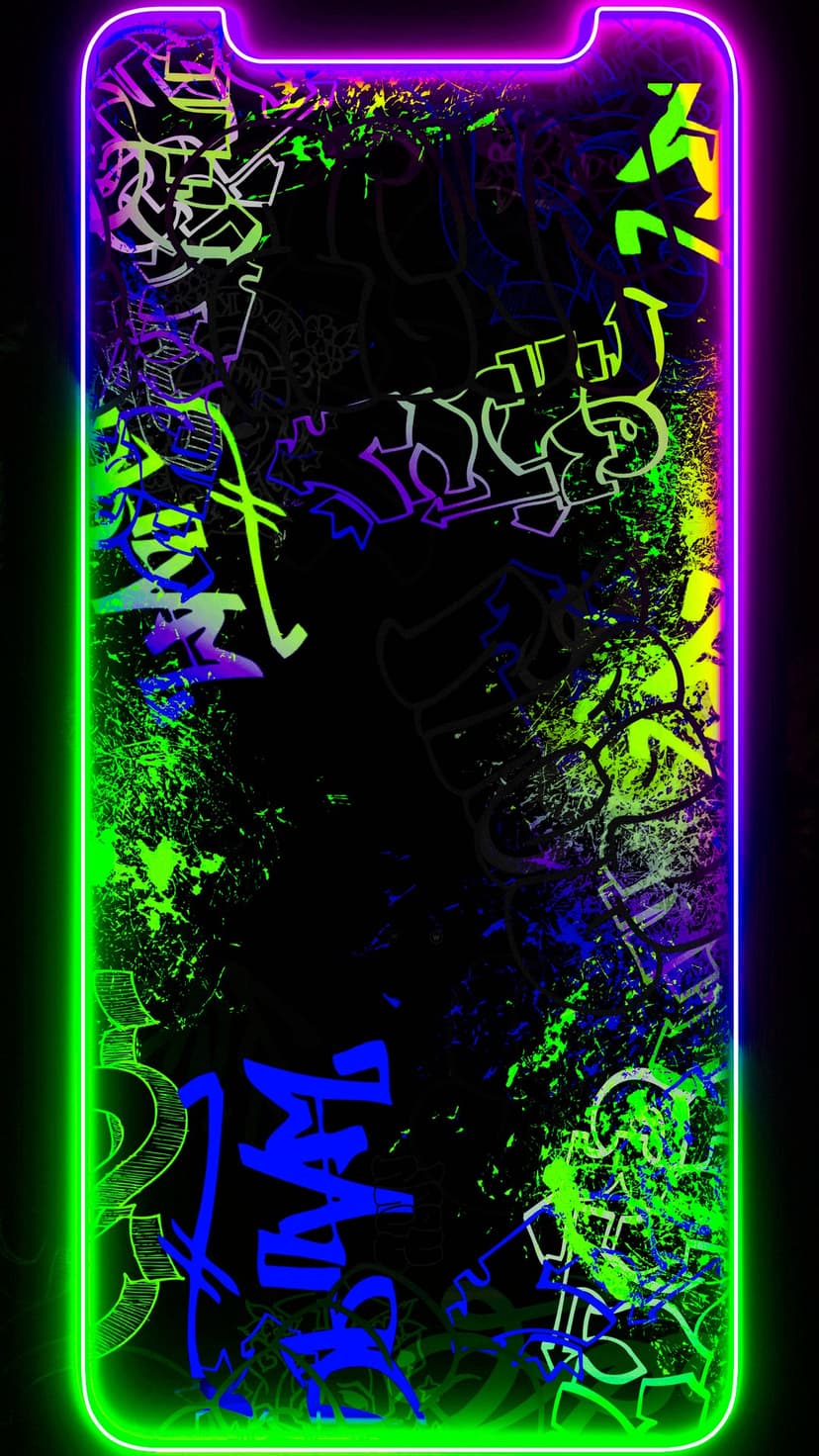 Neon purple and green graffiti tags with paint splatters glow against a dark black background.