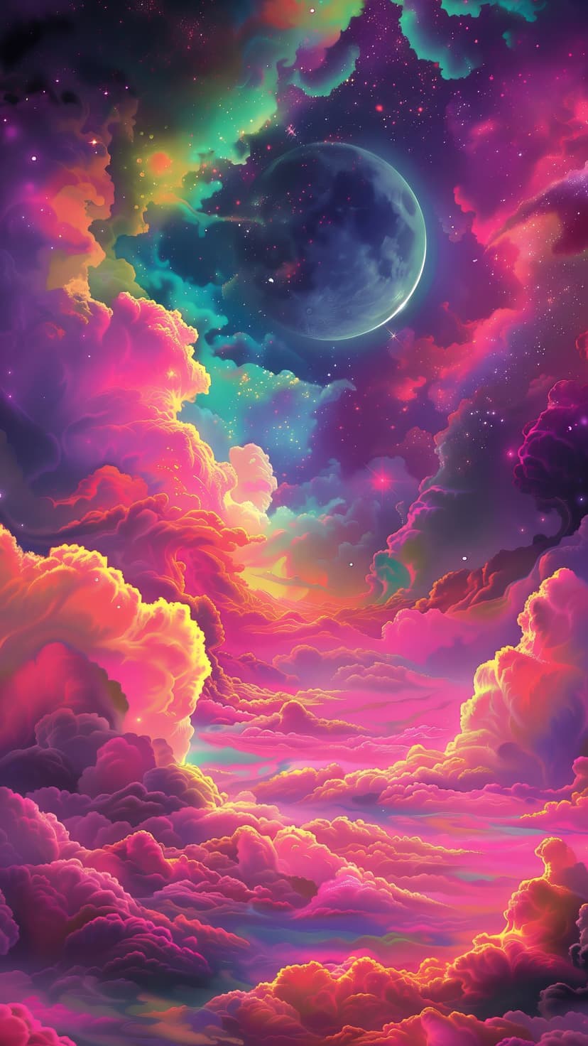 Large glowing moon amidst swirling pink and turquoise nebula clouds against a star-filled dark purple sky.