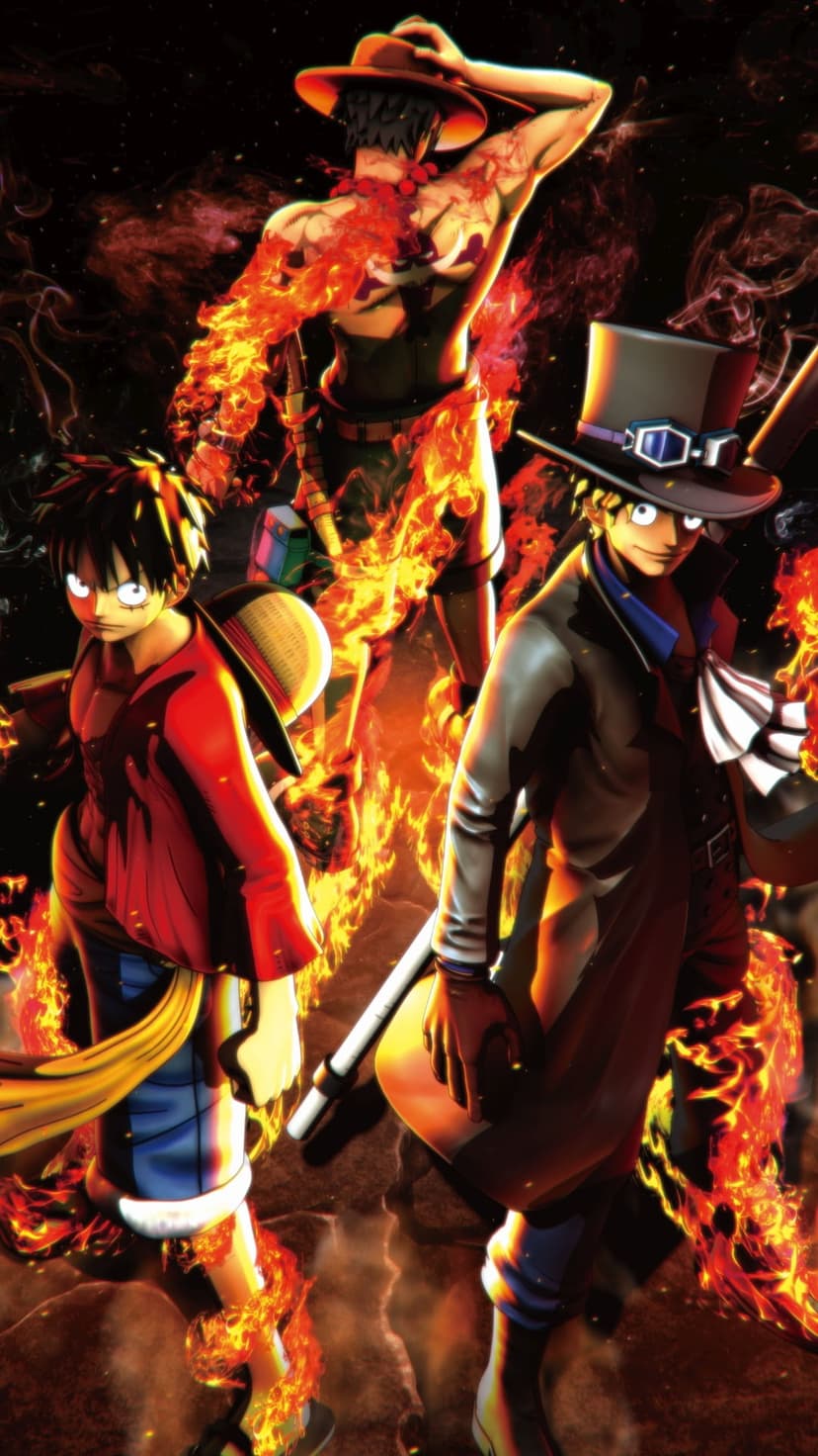 Luffy, Ace, and Sabo stand surrounded by swirling orange flames with intense expressions during a fierce battle.