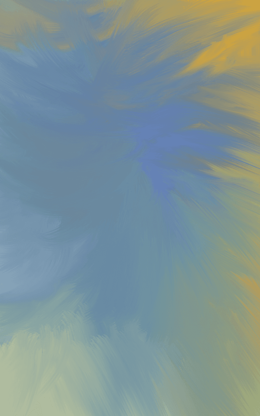 Blue and yellow oil paint brushstrokes sweep horizontally across the frame in a bright sky-like composition.