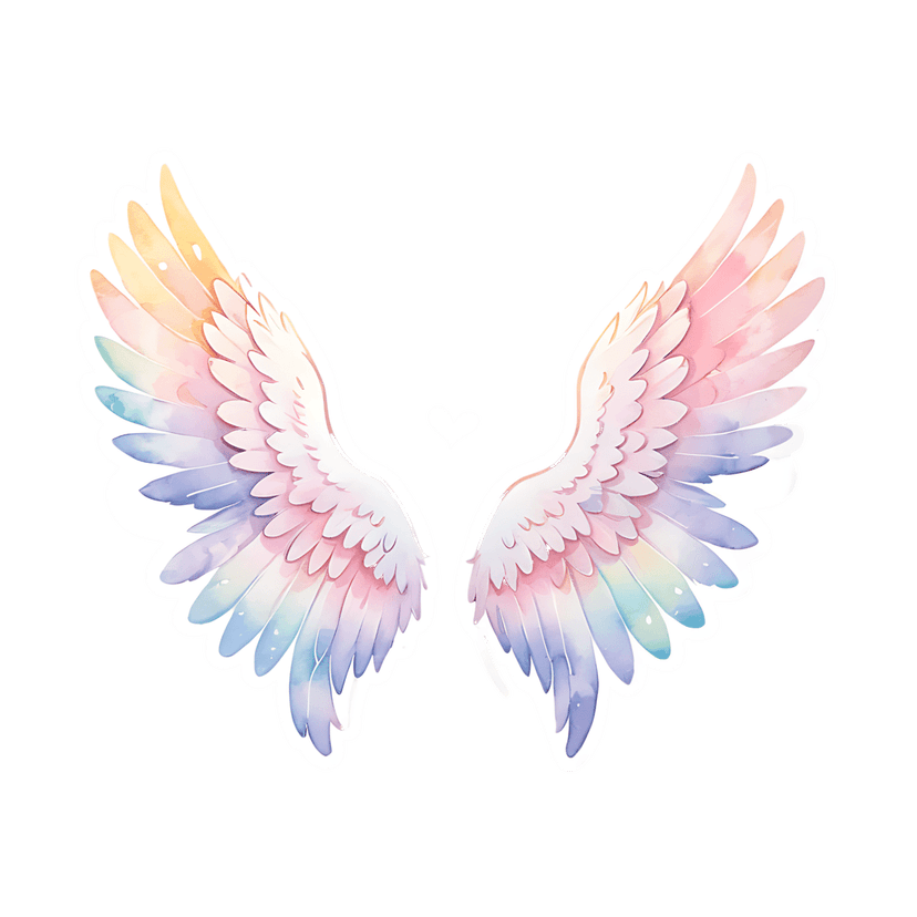 Pastel angel wings sticker features symmetrical feathers with a rainbow watercolor gradient and center white heart.