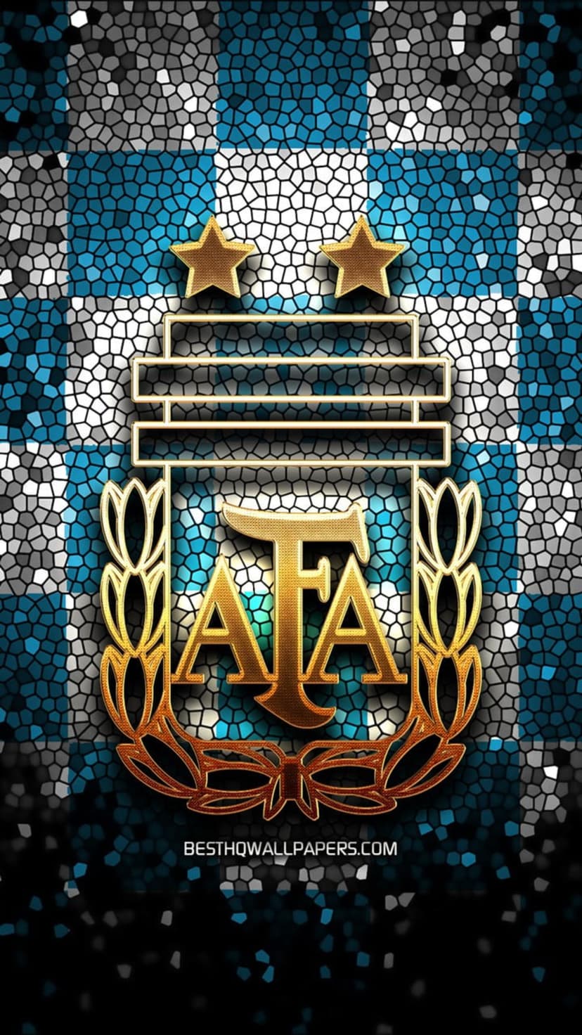 Argentina football team emblem and gold stars centered on a sky blue and white checkered mosaic pattern.