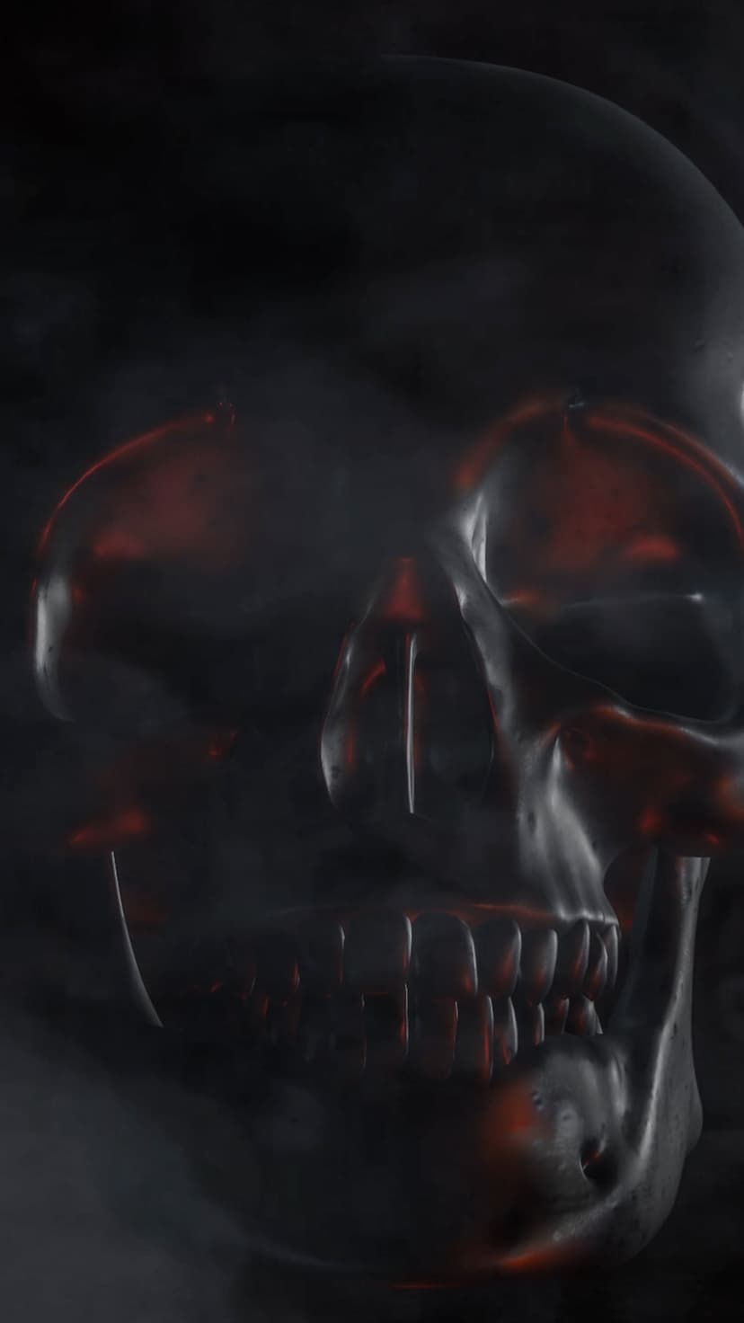 Human skull with red light glowing from its eyes and mouth surrounded by thick black smoke in a dark void.