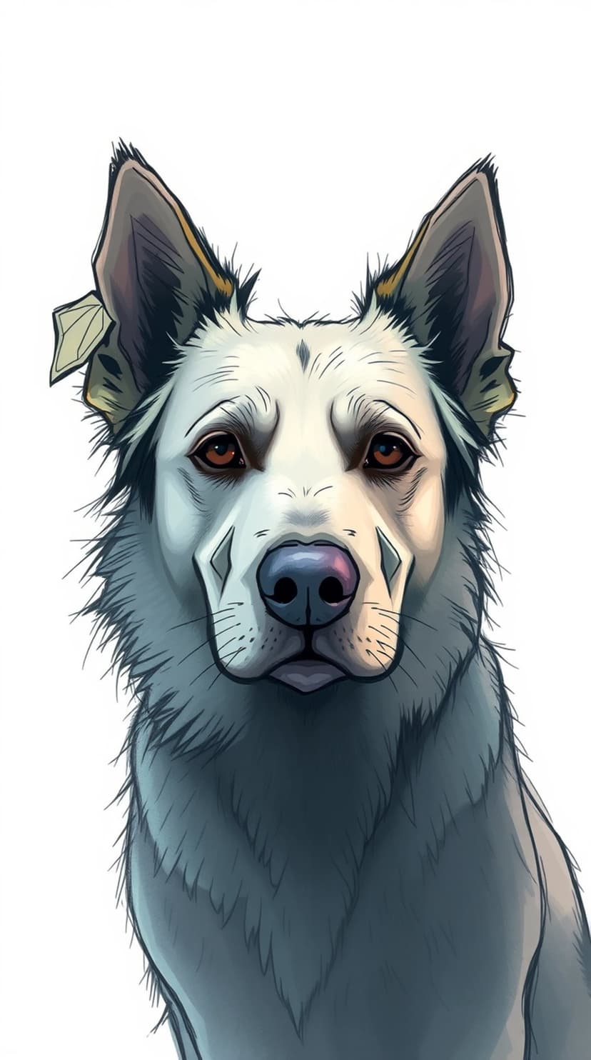White shepherd dog with brown eyes and diamond cheek markings stares forward against a stark white background.