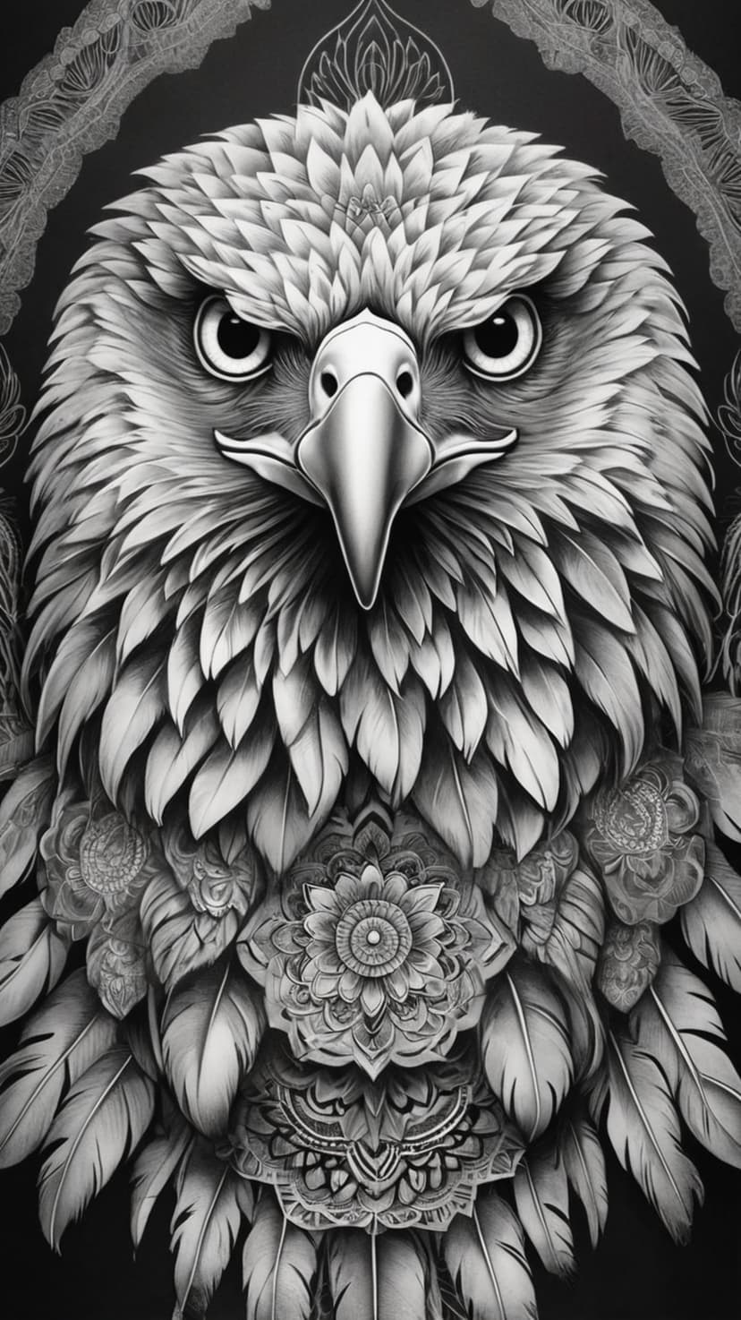 Eagle head with sharp eyes surrounded by symmetrical circular patterns and delicate feathers on a white background.