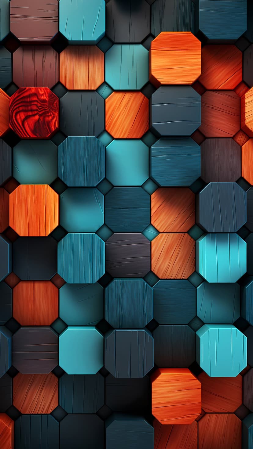 Octagonal wooden blocks with visible grain textures in orange, blue, and gray form a repeating geometric pattern.