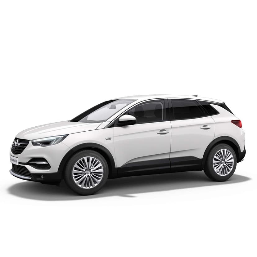 Side profile of a white Opel Grandland X SUV with multi-spoke alloy wheels on a white studio background.