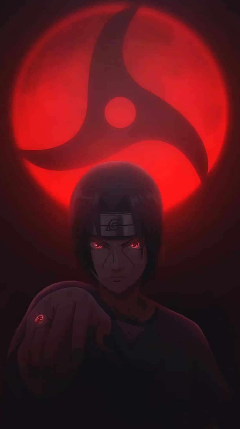 Itachi Uchiha points forward with glowing red Sharingan eyes against a crimson Mangekyo patterned background.