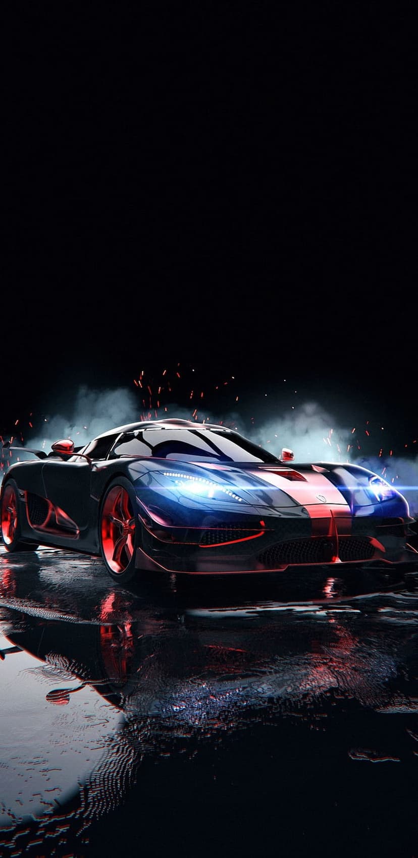 Sleek futuristic sports car with red headlights parked on a wet surface amid swirling smoke and fiery sparks.
