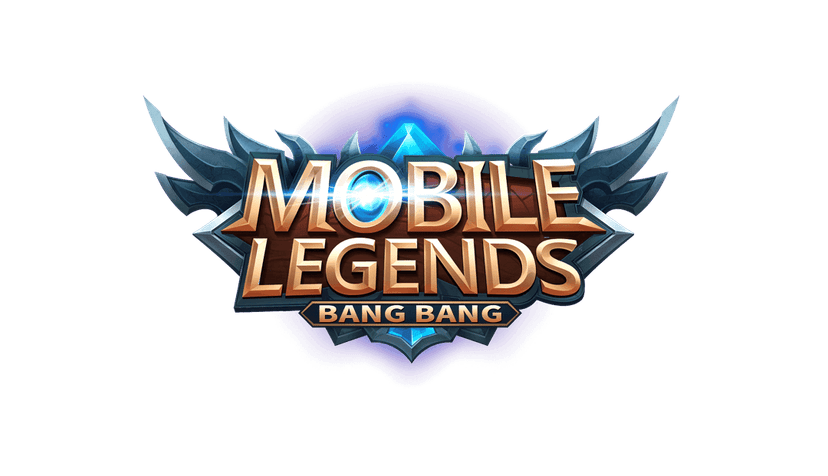 Mobile Legends Bang Bang logo featuring gold metallic lettering and a blue gemstone emblem on a centered shield shape.