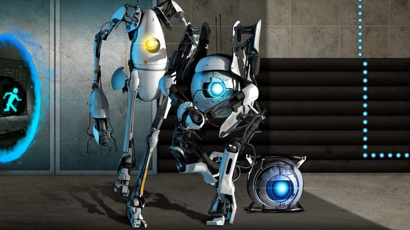Atlas and P-Body robots from Portal 2 stand near a blue portal and Wheatley in an industrial laboratory.