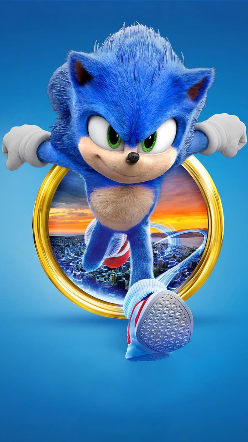 Sonic the Hedgehog sprints through a golden hoop revealing a sunset cityscape on a bright blue background.