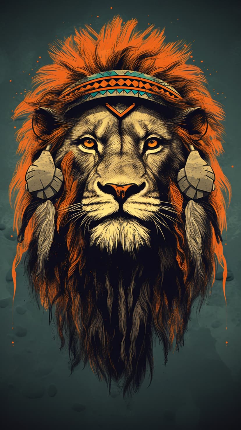 Lion wearing an intricate feathered tribal headdress with glowing amber eyes and a thick, vibrant orange mane.
