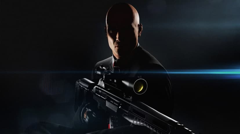 Agent 47 holding a sniper rifle with a scope in dark cinematic lighting with a blue lens flare.