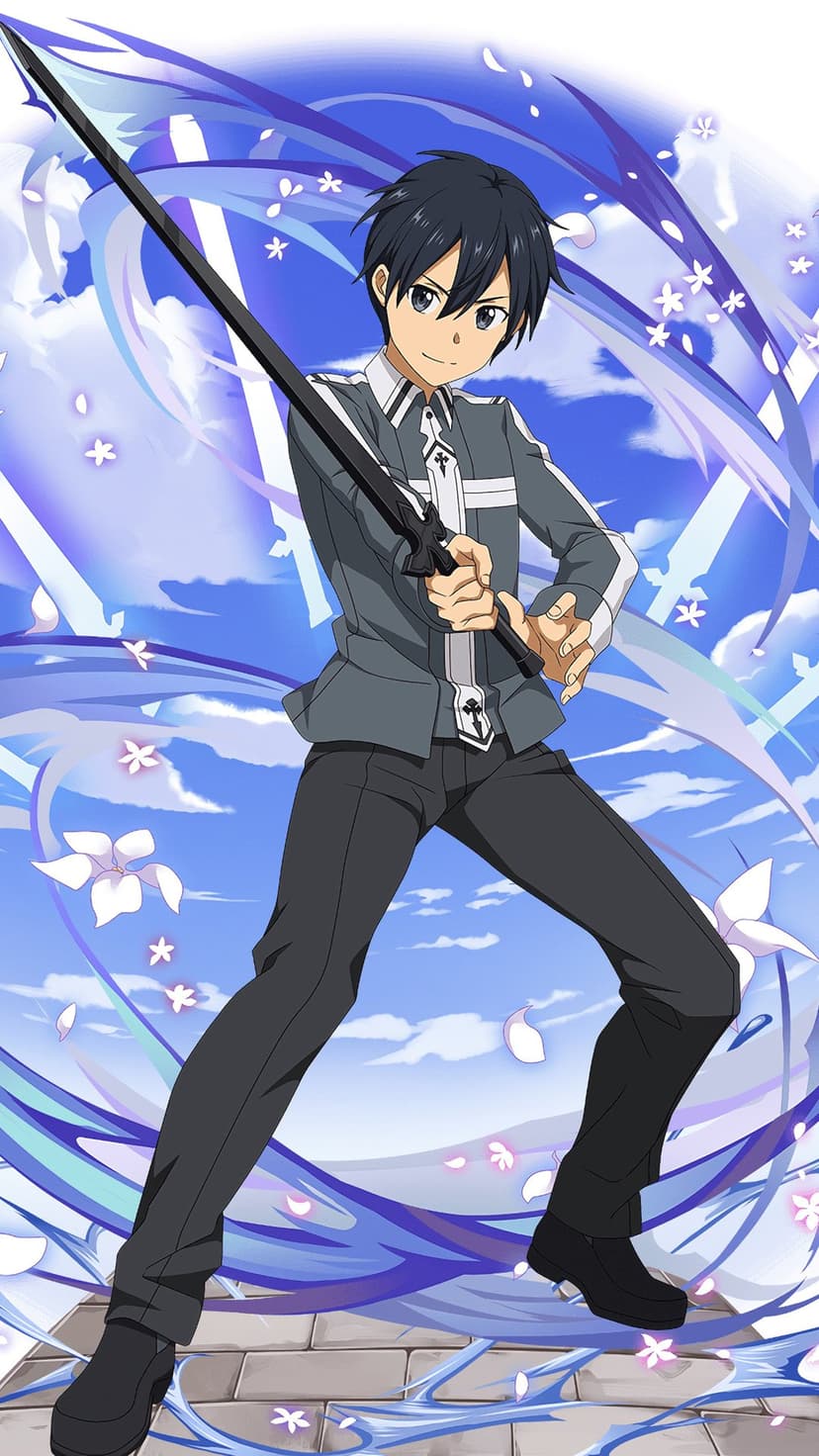 Kirito from Sword Art Online holds a black sword while surrounded by blue energy spirals and white petals.