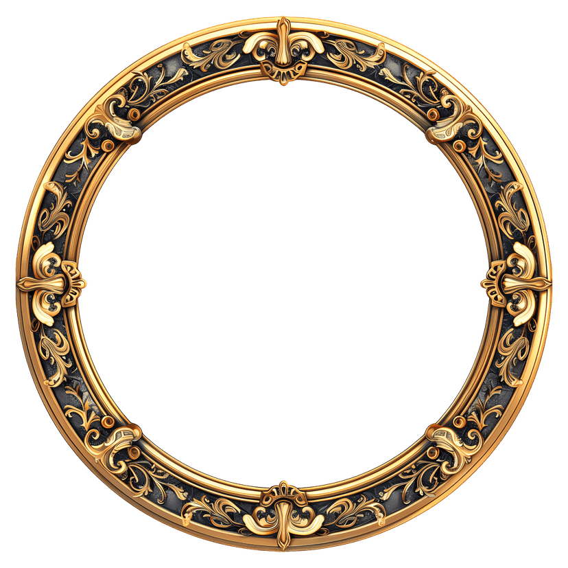 Ornate gold frame featuring intricate baroque scrollwork and a metallic finish on a transparent background.