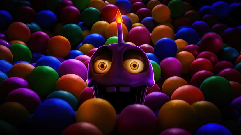Sinister purple cupcake with glowing yellow eyes and a lit candle emerging from a dark ball pit of plastic spheres.