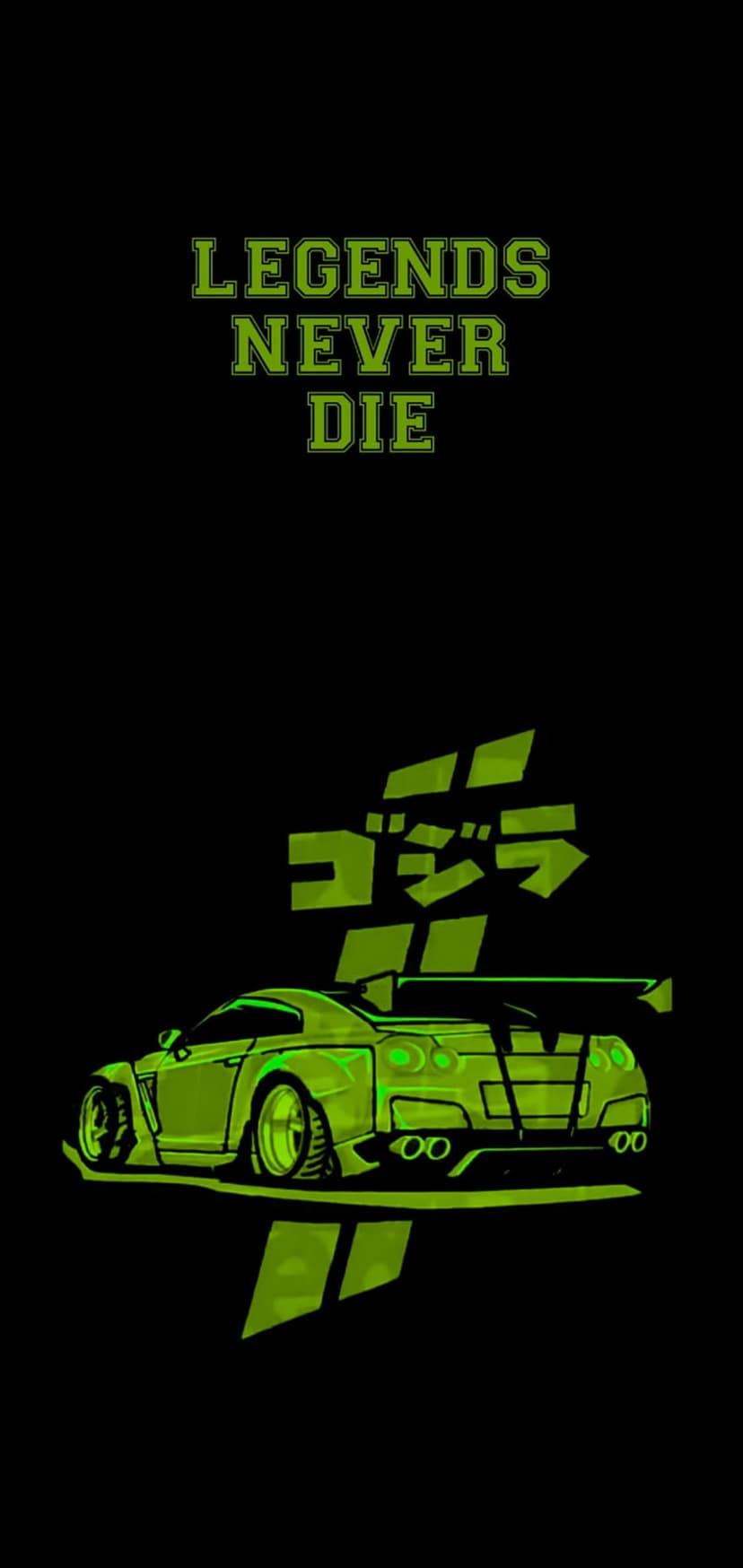 Nissan GT-R with neon green outlines, Japanese Katakana script, and the text Legends Never Die on a dark background.
