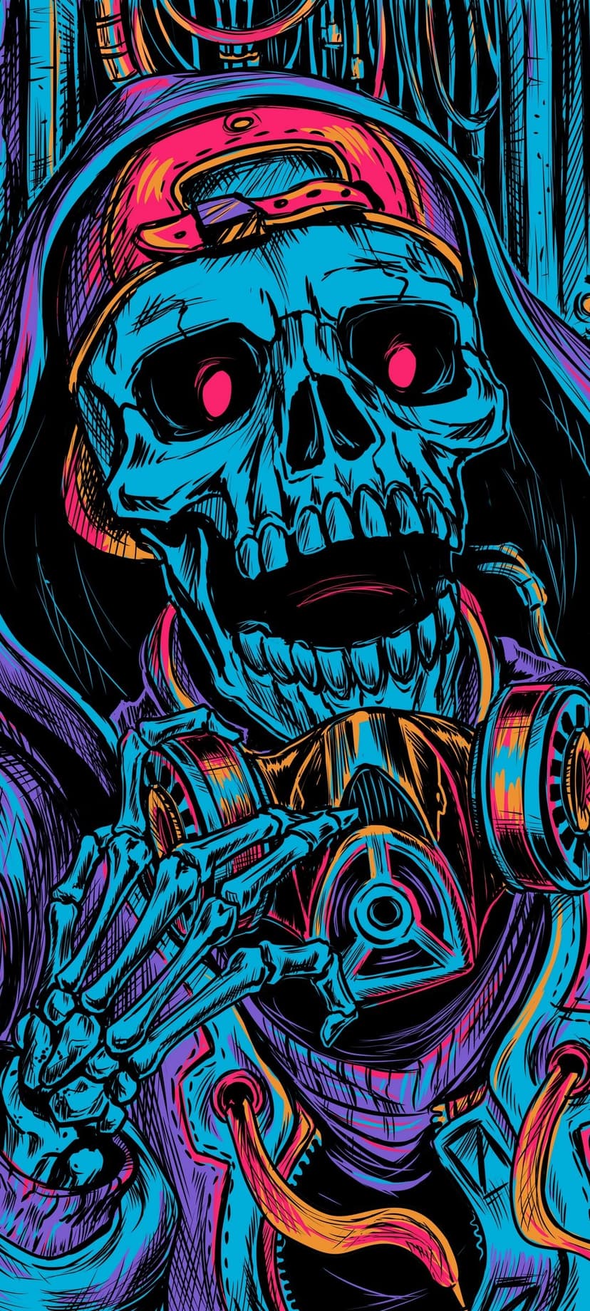 Skeleton in a gas mask and red cap glows with neon pink and cyan light against a dark vertical background.