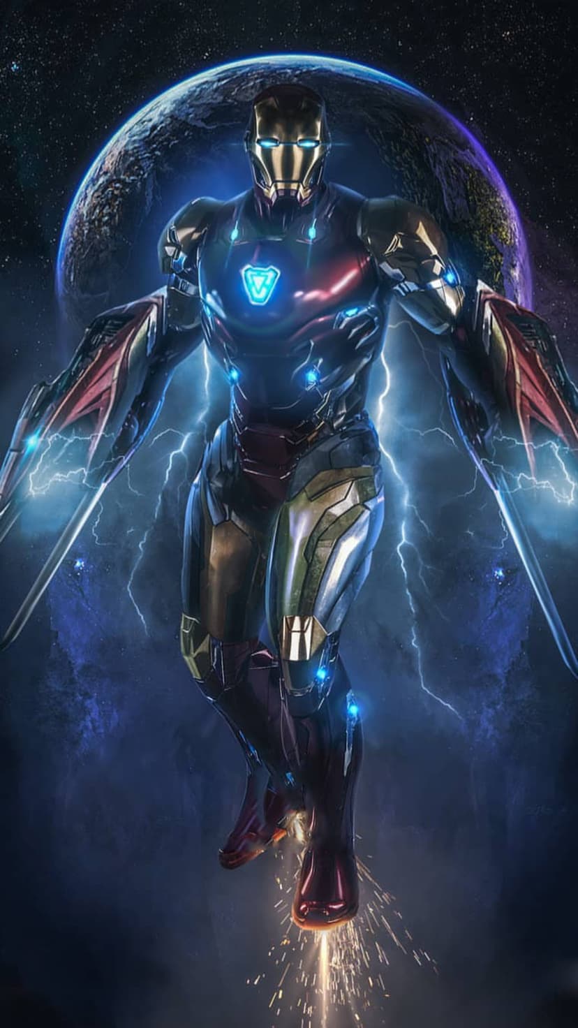 Iron Man in glowing armor soars through space near a massive planet and purple nebula with electric lightning.