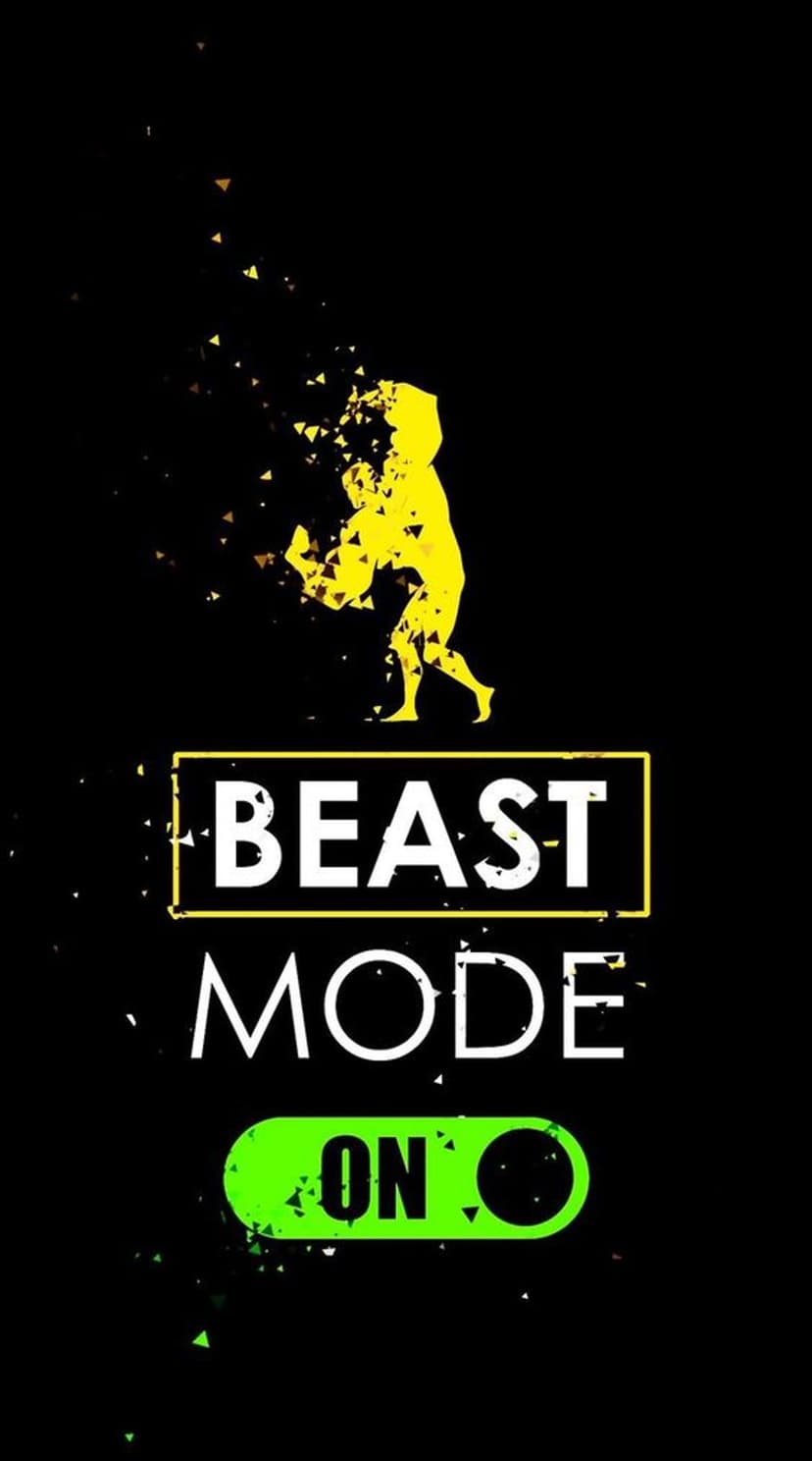 Muscular yellow athlete silhouette shattering into triangles over black with a green beast mode toggle switch.