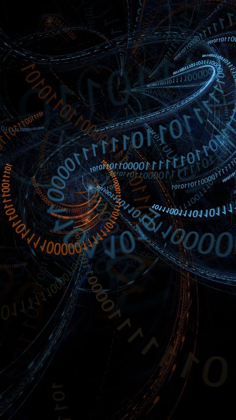 Luminous orange and blue zeros and ones spiraling in a dark digital void for a vertical screen layout.