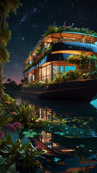 Starry Night Jungle River Houseboat Phone Wallpaper