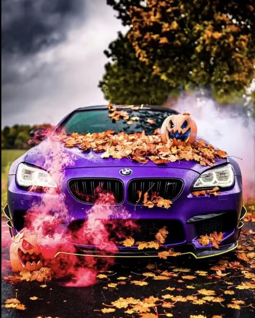 Purple BMW sedan with glowing pumpkins on its hood and bumper amidst pink smoke and dry autumn leaves.