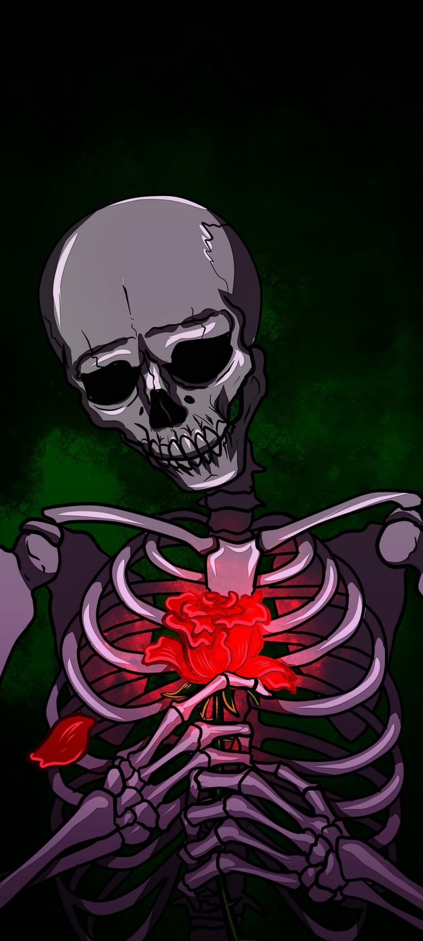 Skeleton with a cracked skull features a vibrant red rose growing inside its ribcage against a dark background.