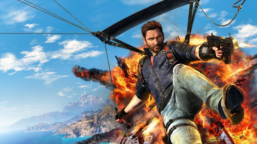 Rico Rodriguez paragliding and shooting a gun in front of a massive orange explosion over coastal islands.
