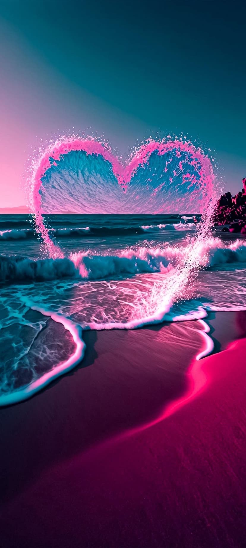 Ocean waves crashing into a pink and blue heart shape on a dark sandy beach with glowing reflective water.