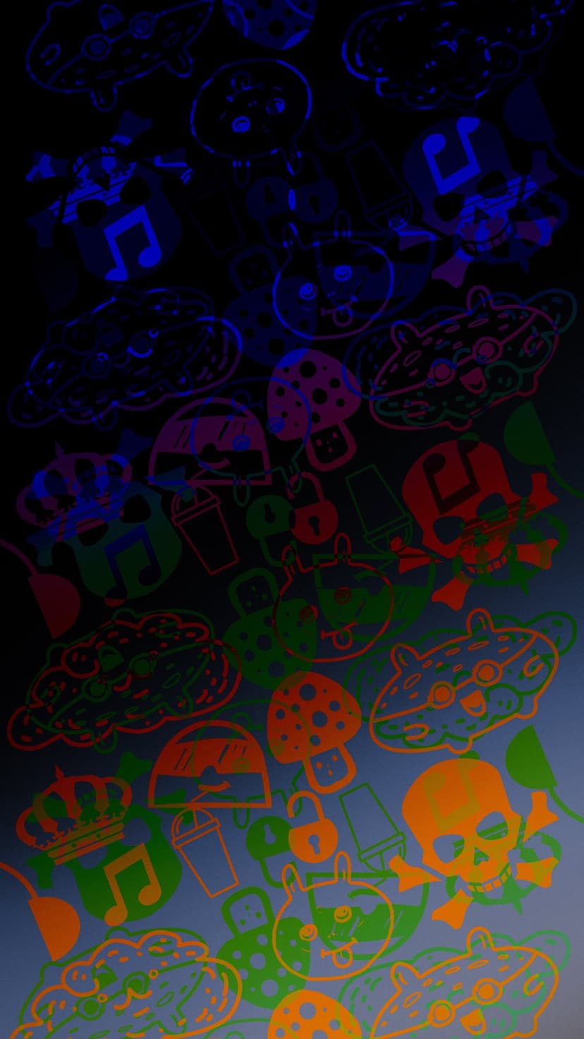 Neon skull, crown, and mushroom icons glow with vibrant light against a dark gradient background.