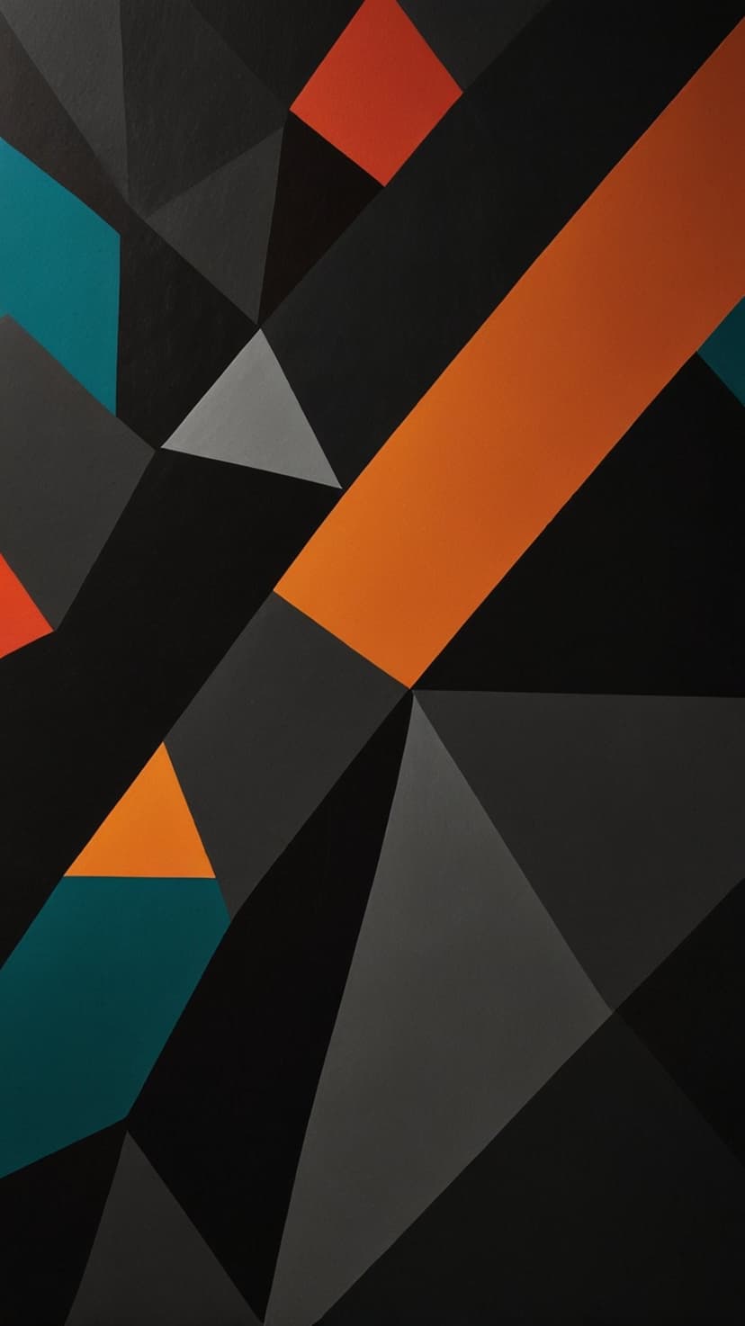 Intersecting orange and teal geometric triangles create a sharp, layered abstract pattern on a dark background.