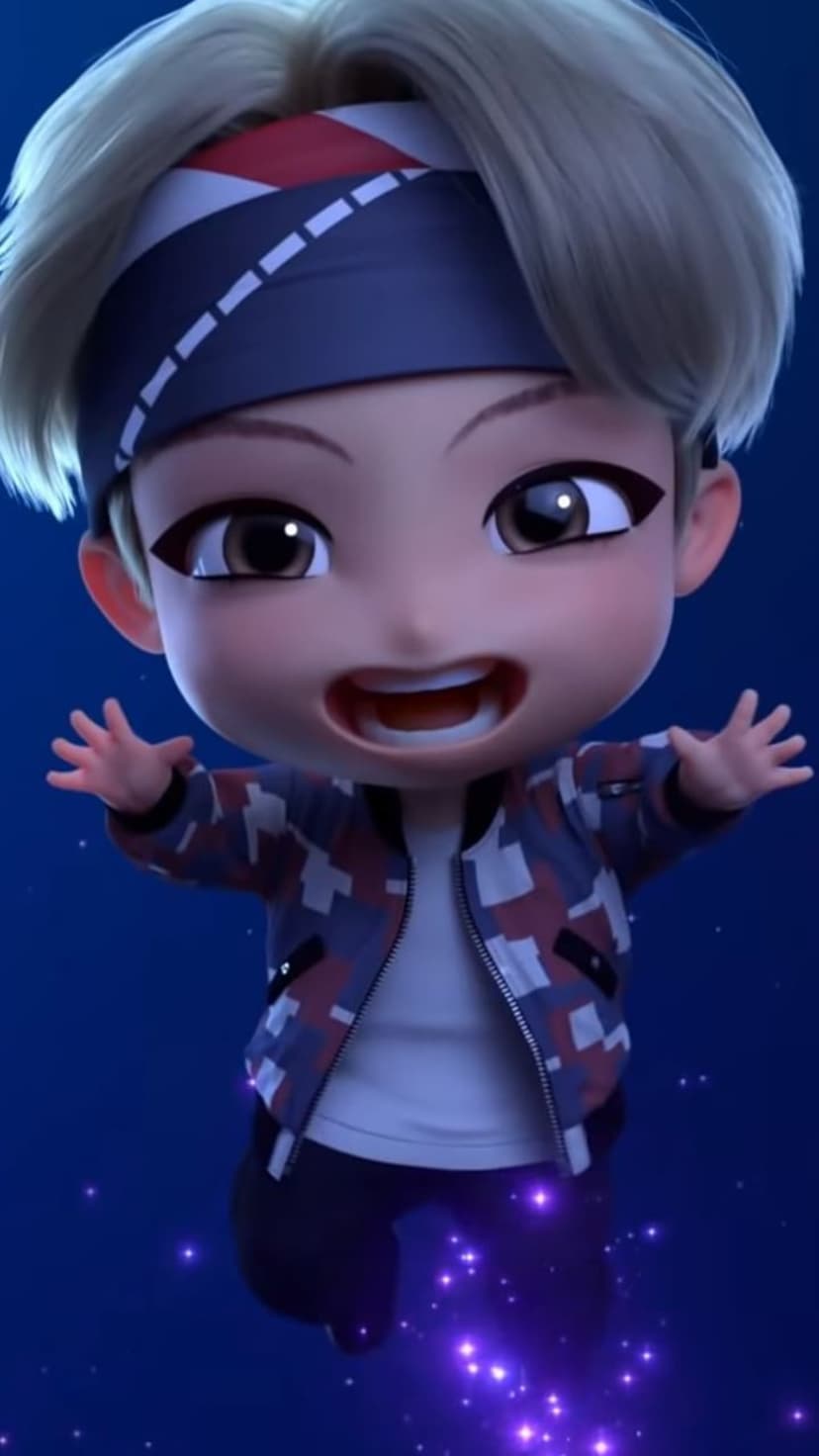 Blonde chibi character wearing a colorful bandana and jacket jumps against a sparkling blue and purple background.